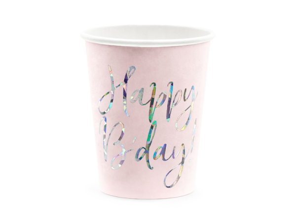 Cups Happy B'day!, light powder pink, 220ml (1 pkt / 6 pc.)