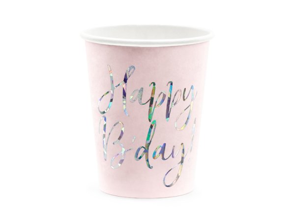 Cups Happy B'day!, light powder pink, 220ml (1 pkt / 6 pc.)