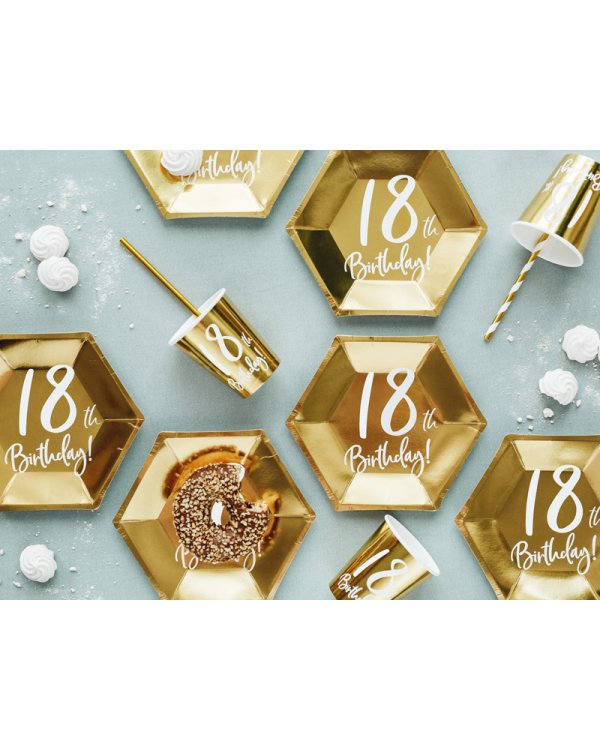 Paper cups 18th Birthday, gold, 220ml (1 pkt / 6 pc.)