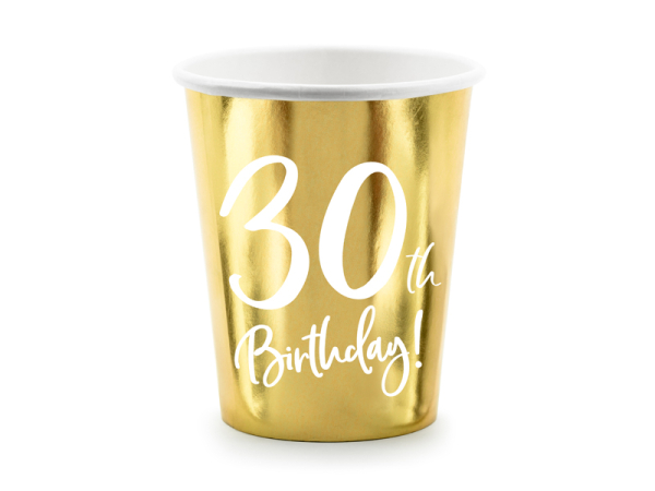 Paper cups 30th Birthday, gold, 220ml (1 pkt / 6 pc.)