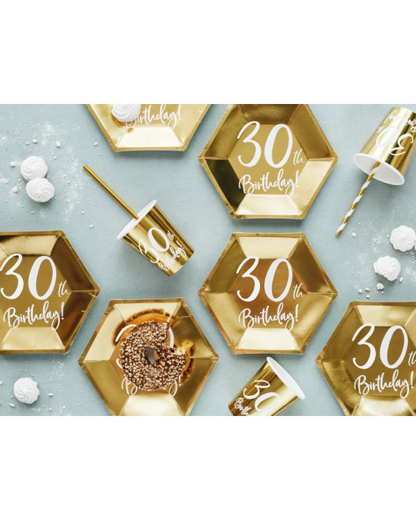 Paper cups 30th Birthday, gold, 220ml (1 pkt / 6 pc.)