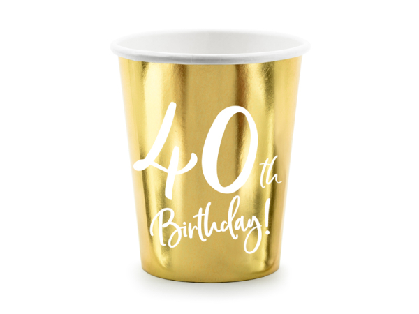 Paper cups 40th Birthday, gold, 220ml (1 pkt / 6 pc.)