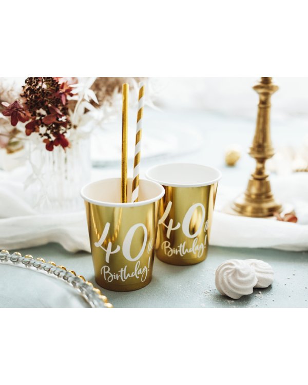 Paper cups 40th Birthday, gold, 220ml (1 pkt / 6 pc.)