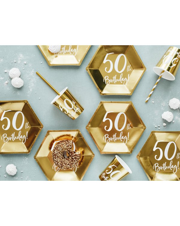 Paper cups 50th Birthday, gold, 220ml (1 pkt / 6 pc.)