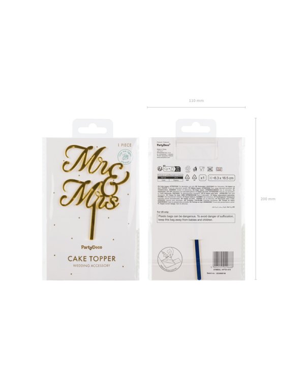 MR & MRS Acrylic Cake Topper, gold, 16.5 cm
