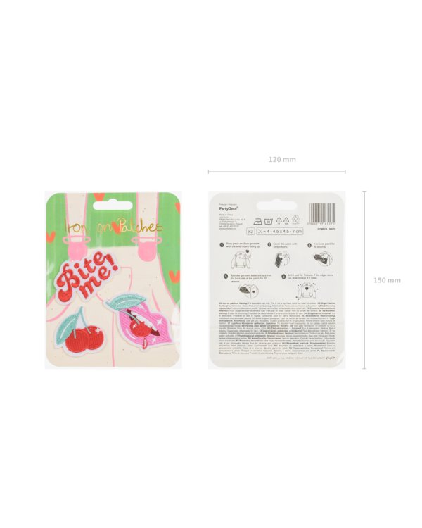 Iron on patches Bite me, mix, 4-4.5x4.5-7 cm (1 pkt / 3 pc.)
