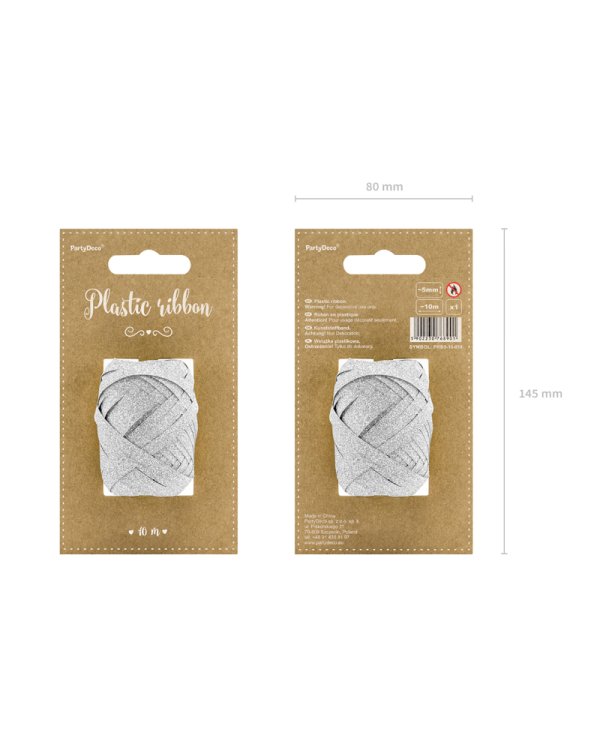 Plastic ribbon, silver, 5mm/10m