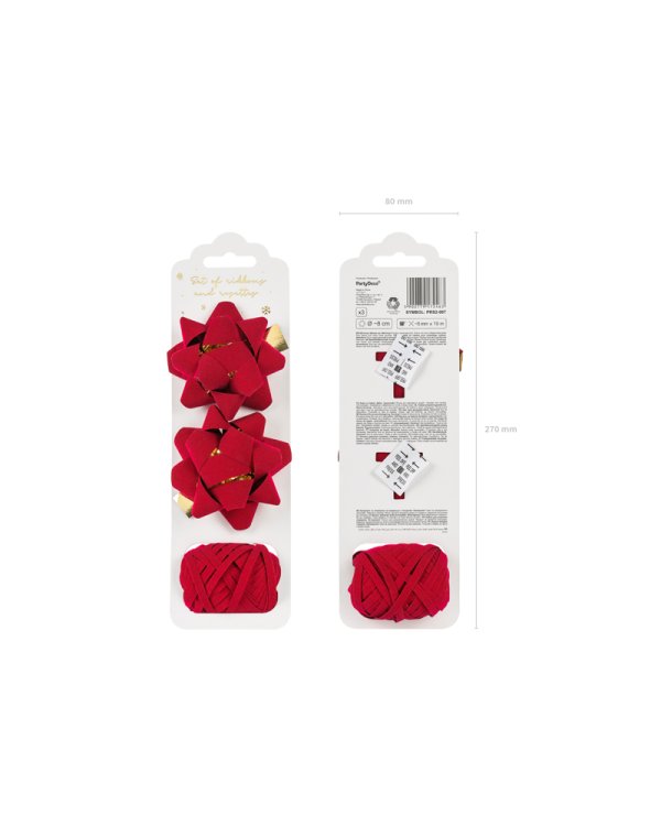 Set of velor ribbons and rosettes, red, mix (1 pkt / 3 pc.)