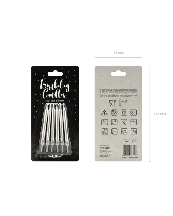 Birthday candles, plain, silver, 6cm (1 pkt / 6 pc.)