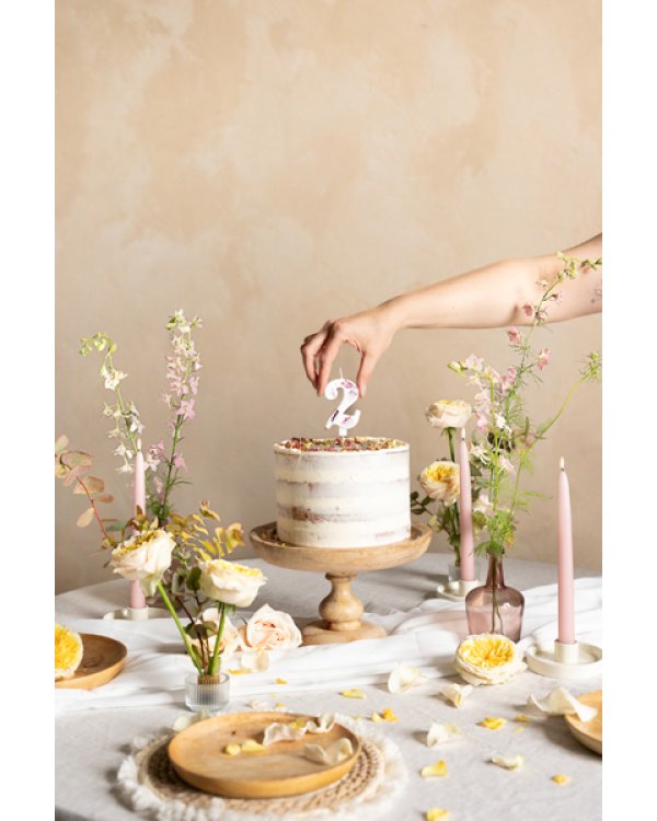 Birthday Candle Number '2', White with Flower Petals, 8 cm