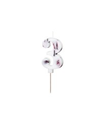 Birthday Candle Number '3', White with Flower Petals, 8 cm