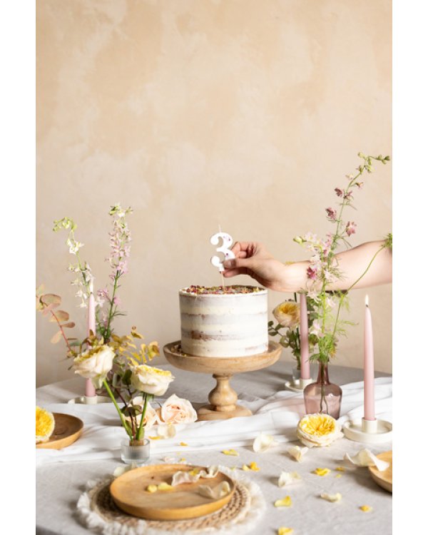 Birthday Candle Number '3', White with Flower Petals, 8 cm