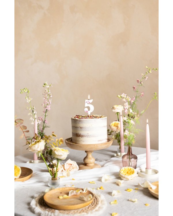 Birthday Candle Number '5', White with Flower Petals, 8 cm