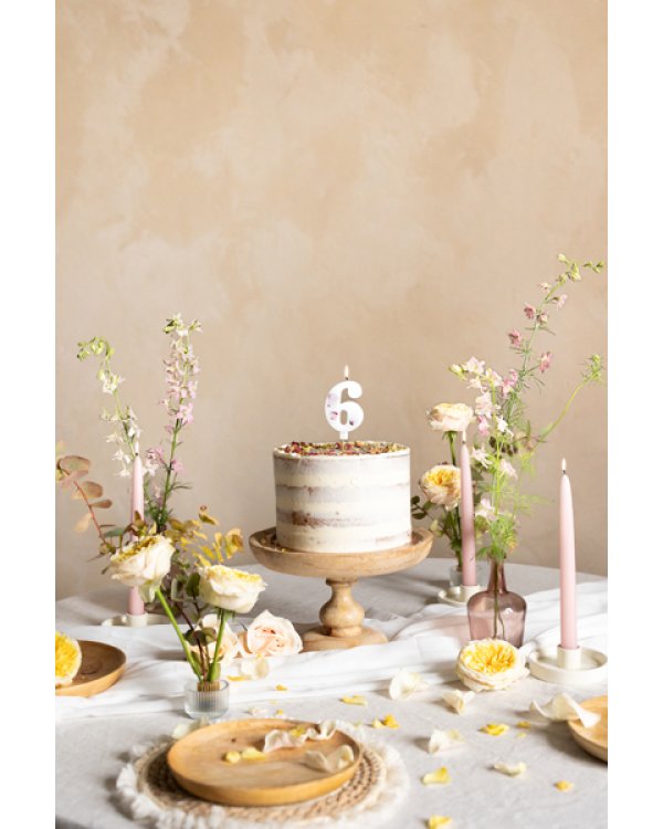 Birthday Candle Number '6', White with Flower Petals, 8 cm