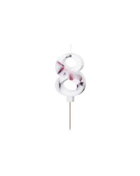 Birthday Candle Number '8', White with Flower Petals, 8 cm