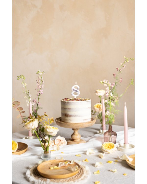 Birthday Candle Number '8', White with Flower Petals, 8 cm