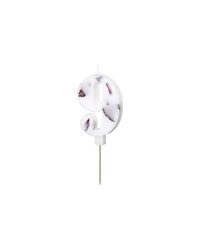 Birthday Candle Number '9', White with Flower Petals, 8 cm