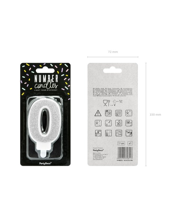 Birthday candle Number 0, silver, 7cm