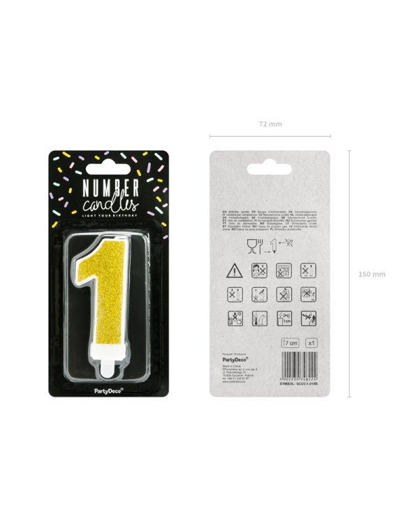 Birthday candle Number 1, gold, 7cm