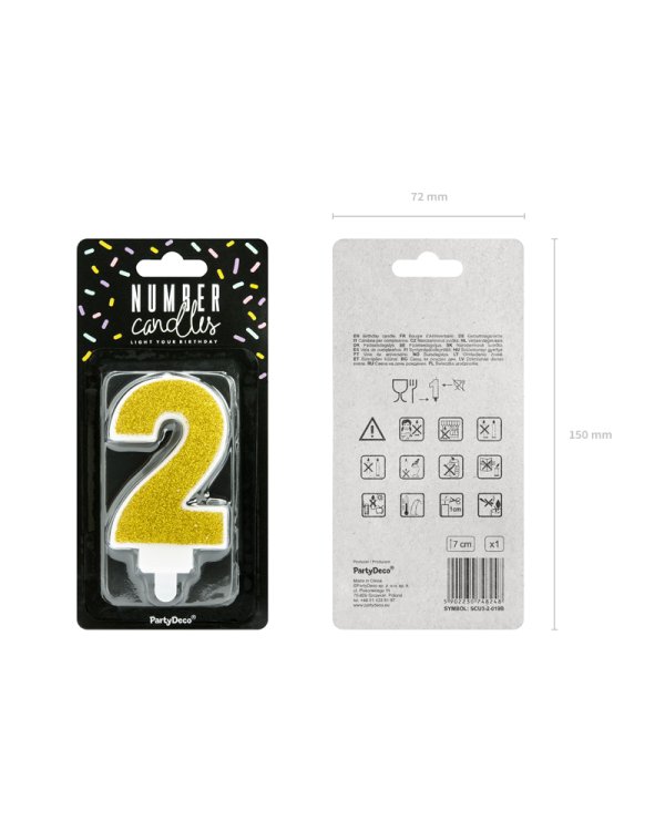 Birthday candle Number 2, gold, 7cm
