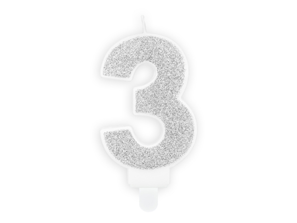 Birthday candle Number 3, silver, 7cm