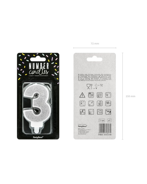 Birthday candle Number 3, silver, 7cm