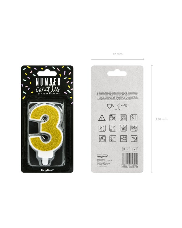 Birthday candle Number 3, gold, 7cm