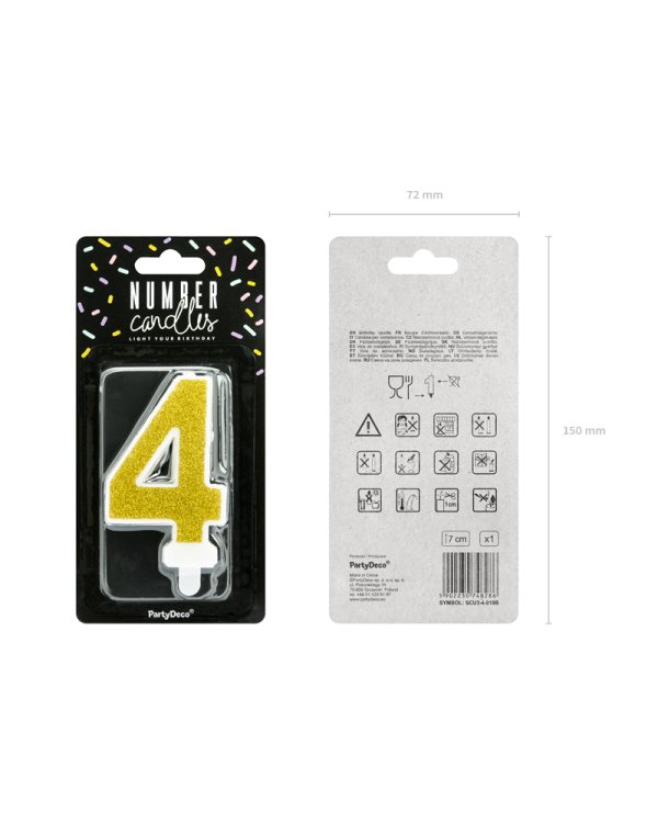 Birthday candle Number 4, gold, 7cm