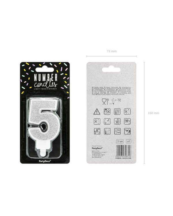 Birthday candle Number 5, silver, 7cm