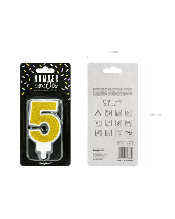Birthday candle Number 5, gold, 7cm