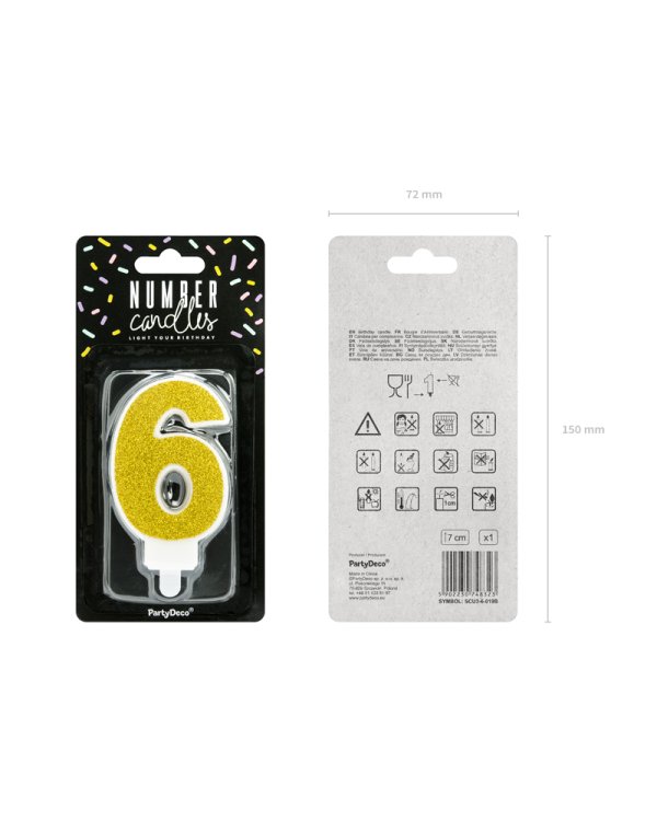 Birthday candle Number 6, gold, 7cm