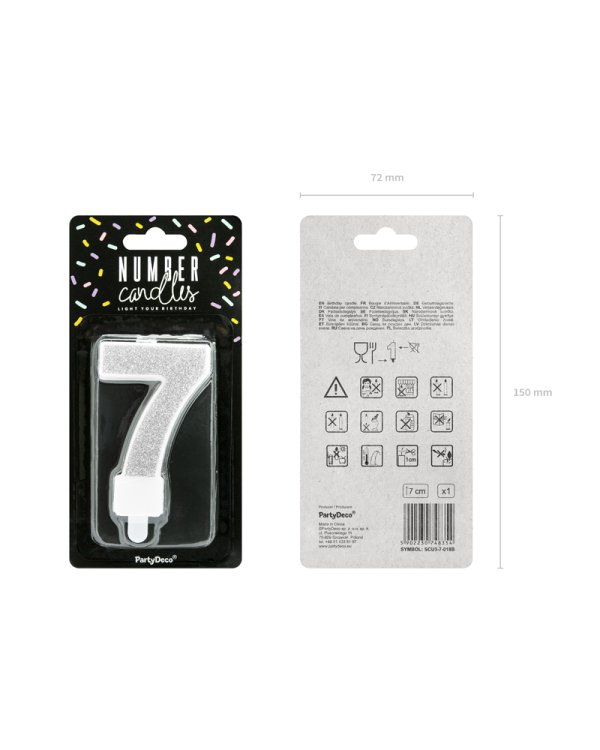 Birthday candle Number 7, silver, 7cm