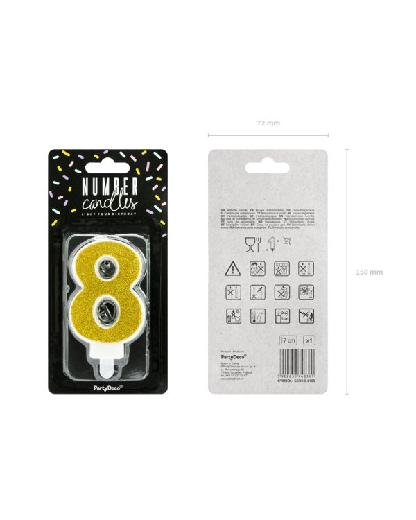 Birthday candle Number 8, gold, 7cm
