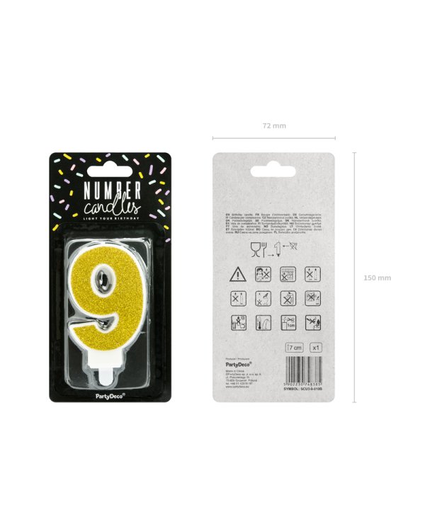 Birthday candle Number 9, gold, 7cm