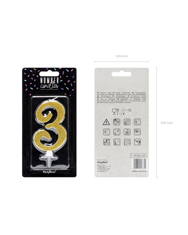 Birthday candle Number 3, gold, 10cm
