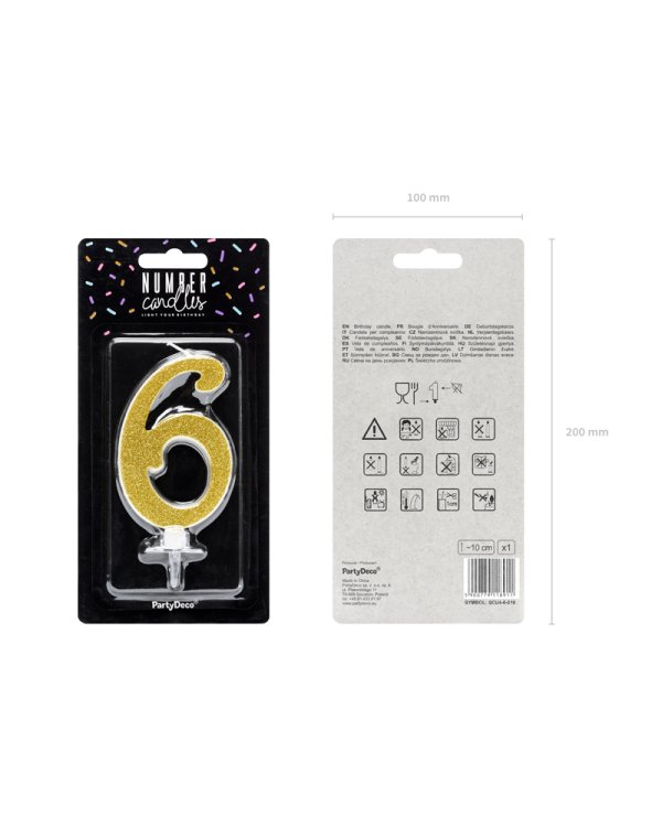 Birthday candle Number 6, gold, 10cm