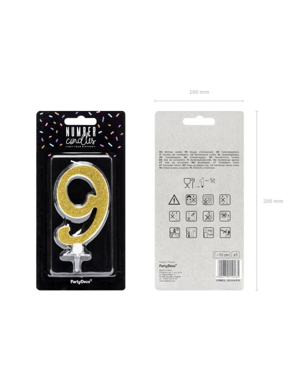 Birthday candle Number 9, gold, 10cm