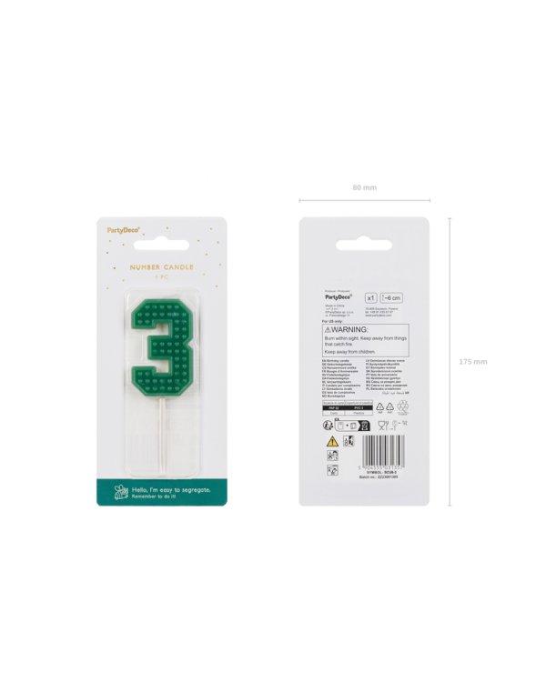 Birthday candle Number 3, 6 cm, green