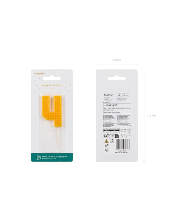 Birthday candle Number 4, 6 cm, yellow