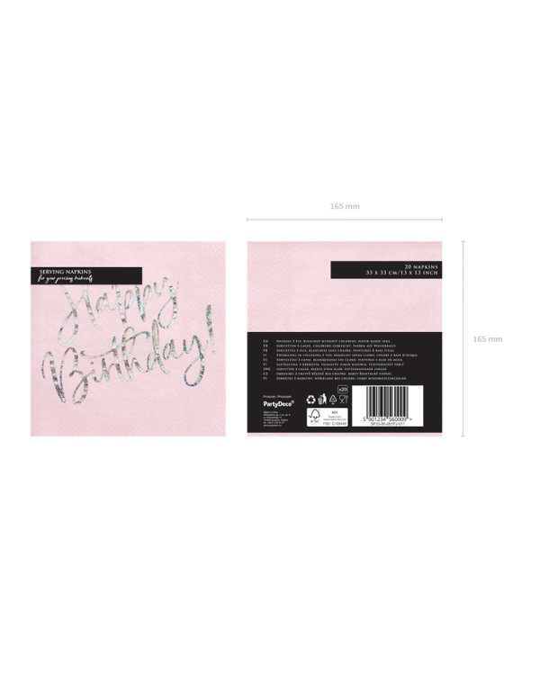 Napkins Happy Birthday, light powder pink, 33x33cm (1 pkt / 20 pc.)