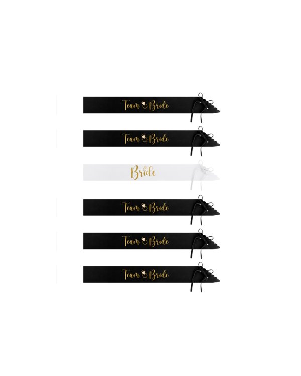Bride to be and Bride sashes, black and white (1 pkt / 6 pc.)
