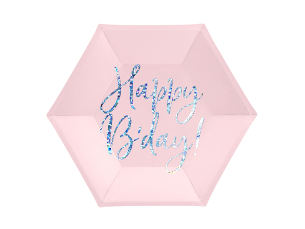 Plates Happy B'day!, light powder pink, 20cm (1 pkt / 6 pc.)