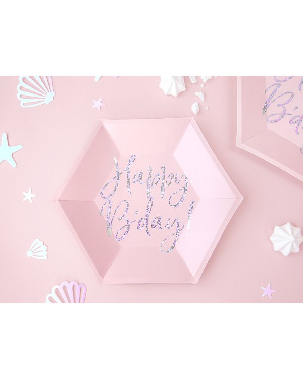 Plates Happy B'day!, light powder pink, 20cm (1 pkt / 6 pc.)