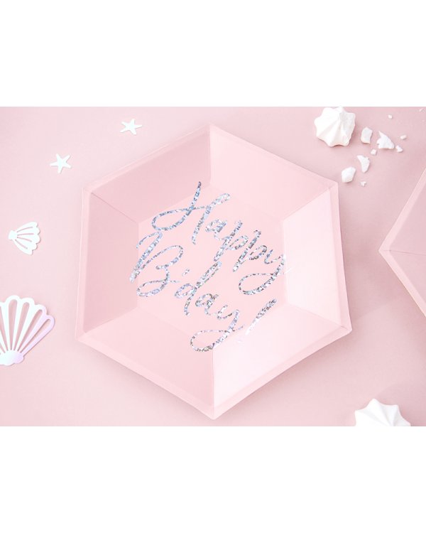 Plates Happy B'day!, light powder pink, 20cm (1 pkt / 6 pc.)