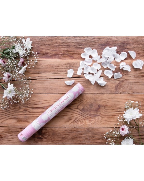 Confetti cannon with rose petals, white, 40cm