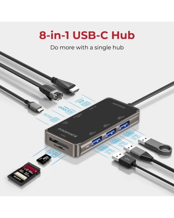 PROMATE PrimeHub-Mini 8in1 USB-C Hub HDMI 4K / LAN / PD 100W / SD / 3x USB 3.0