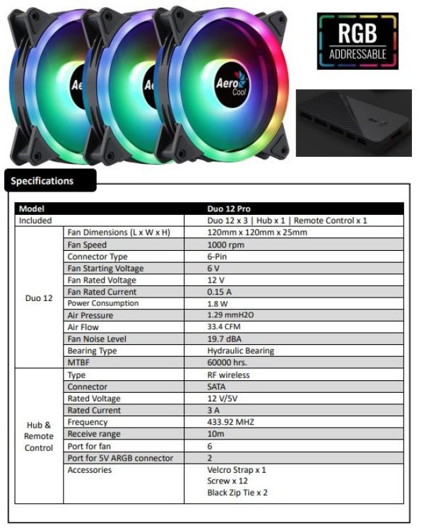 Aerocool DUO 12 PRO ARGB 12cm Комплект кулеров для компьютера с дистанционным управлением