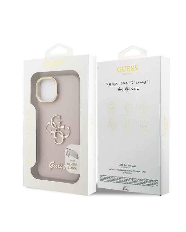Guess PU Grained 4G Logo Stand Camera Frame Case Защитный чехол для iPhone 13 / розовый