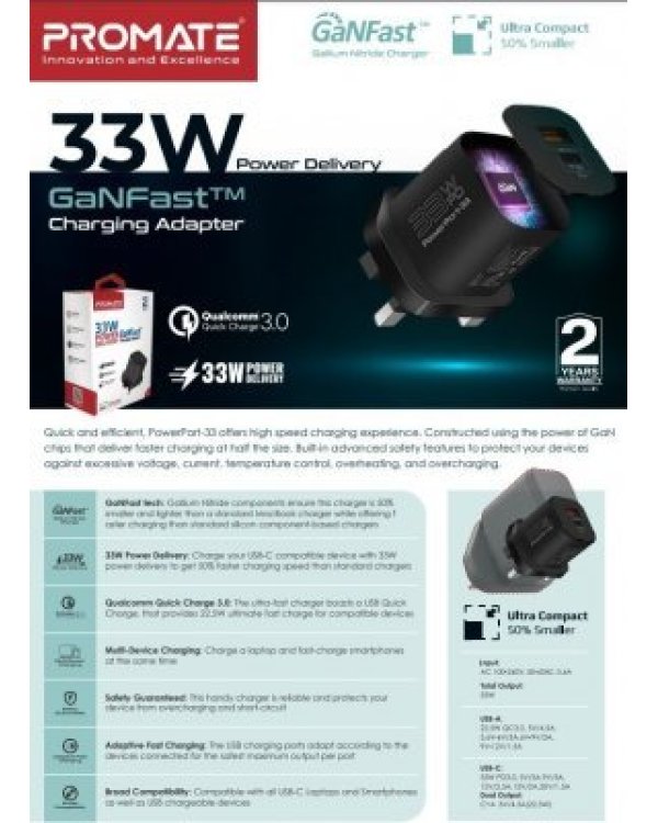 PROMATE PowerPort-33 GaNFast Зарядное устройство 33W / USB-C PD / USB-A