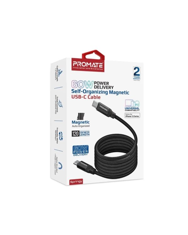 Promate Springy Магнитный кабель USB-C 60WPD / 1.2m